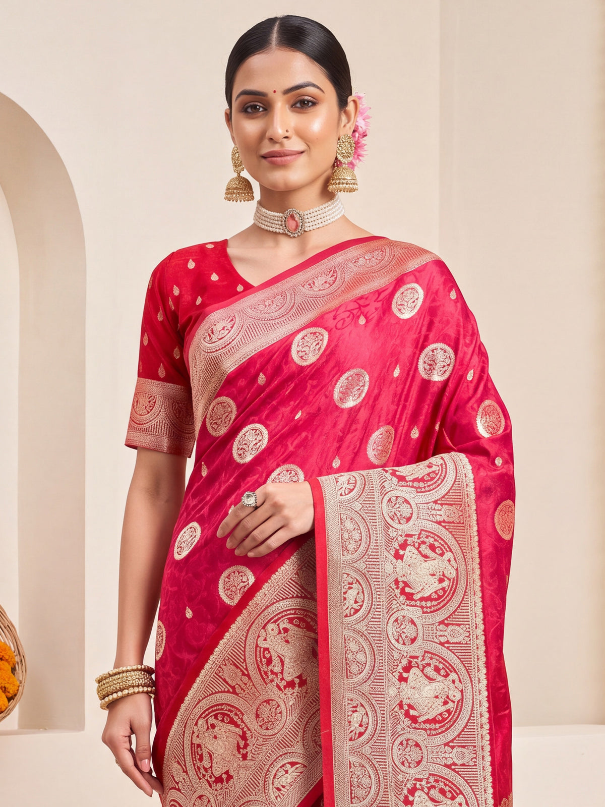 Pink Satin Silk saree – detail view 4