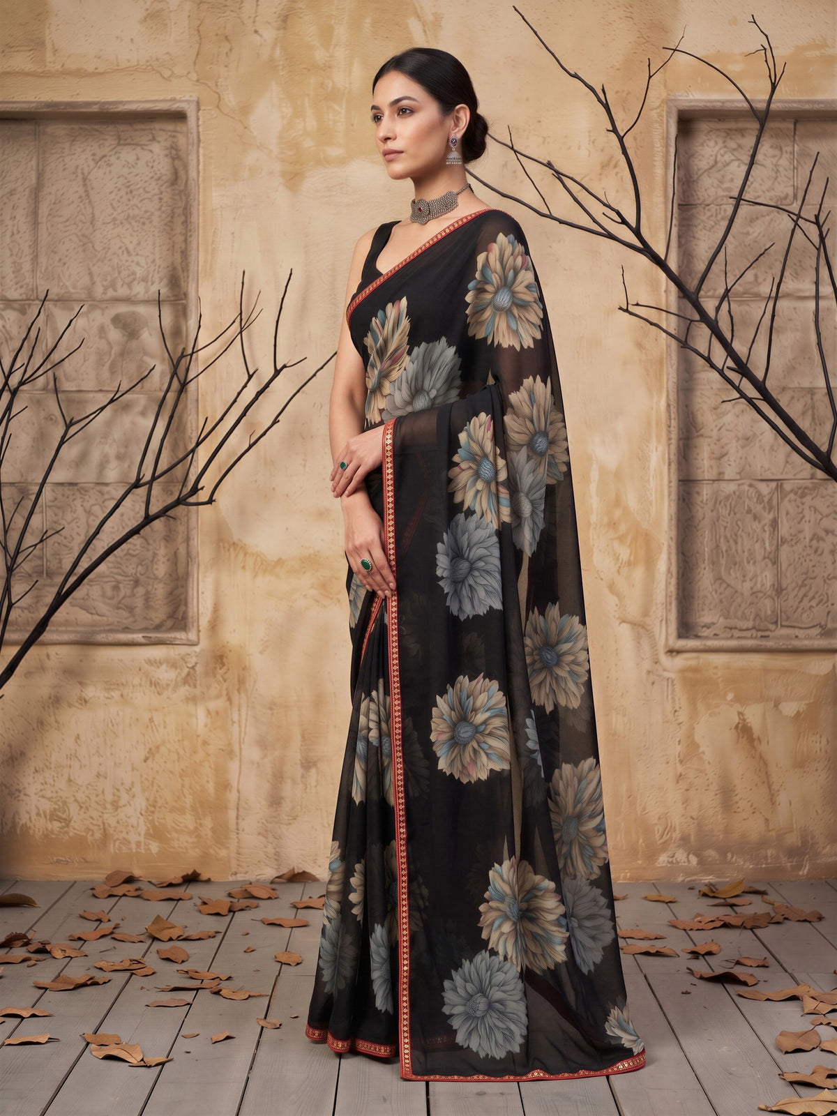 Black Georgette saree – detail view 2
