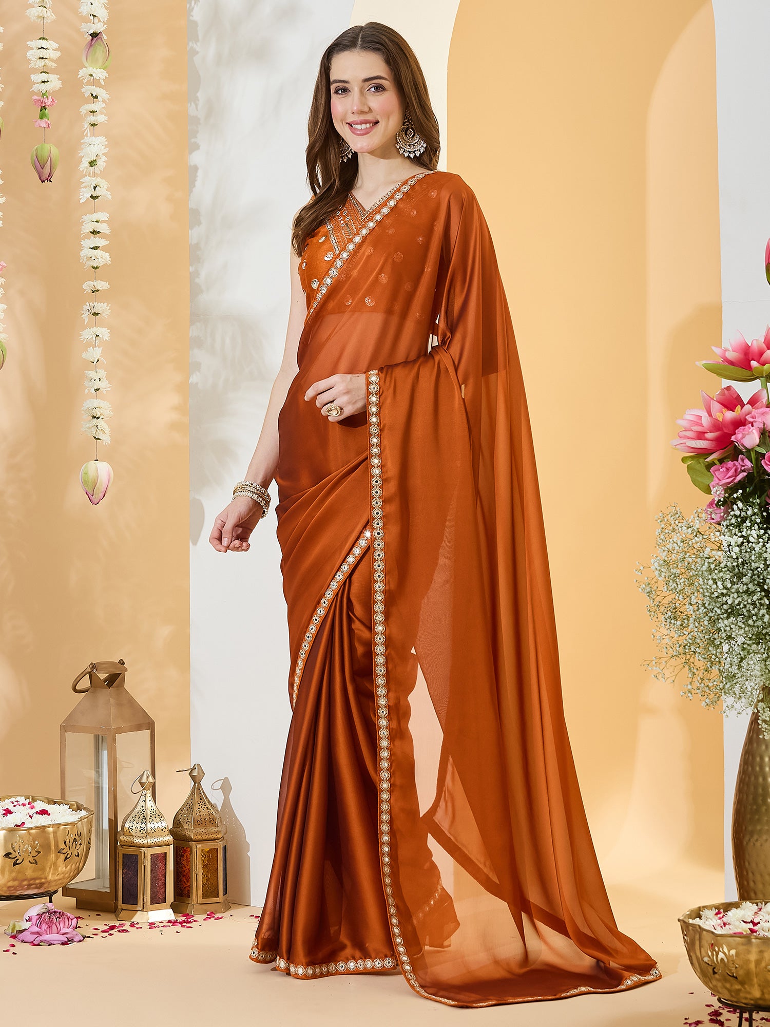 Rust Pure Georgette saree – detail view 2