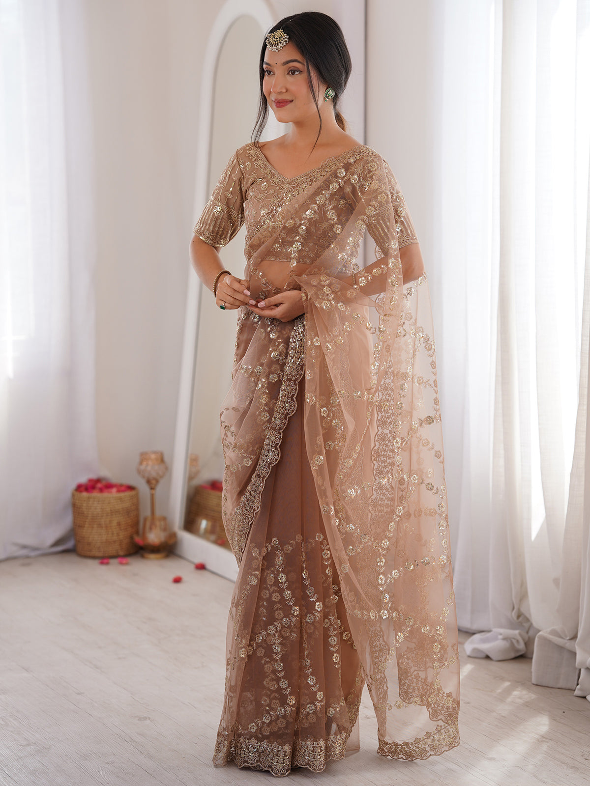 Beige Net saree – detail view 2
