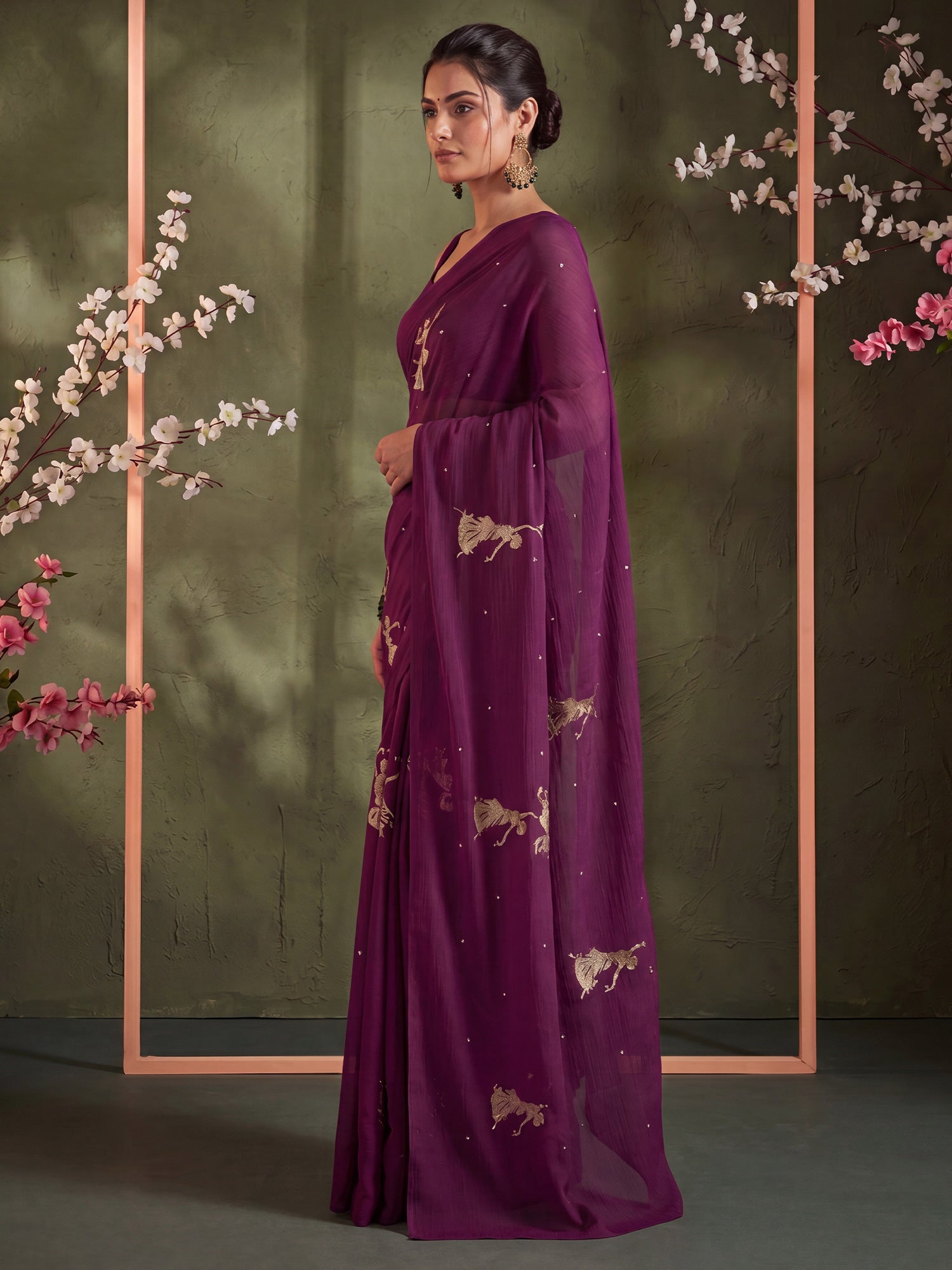 Wine Satin saree – detail view 2