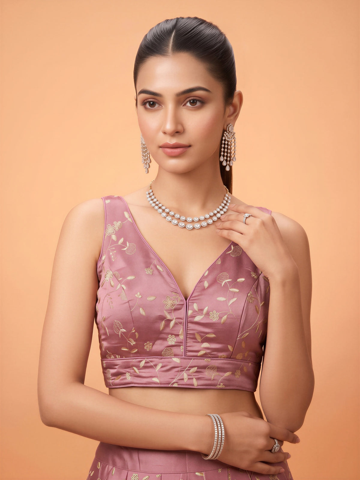 Mauve sequin embellished silk blend sleeveless readymade saree blouse with v neck view 2