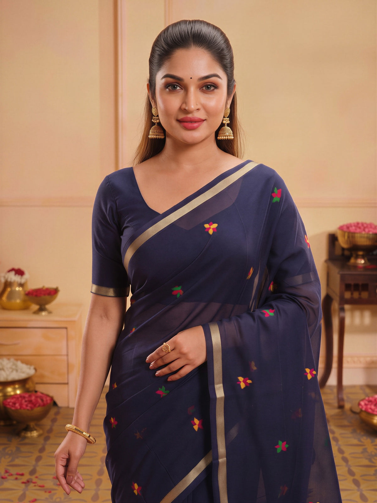 Navy Blue silk blend saree view 4