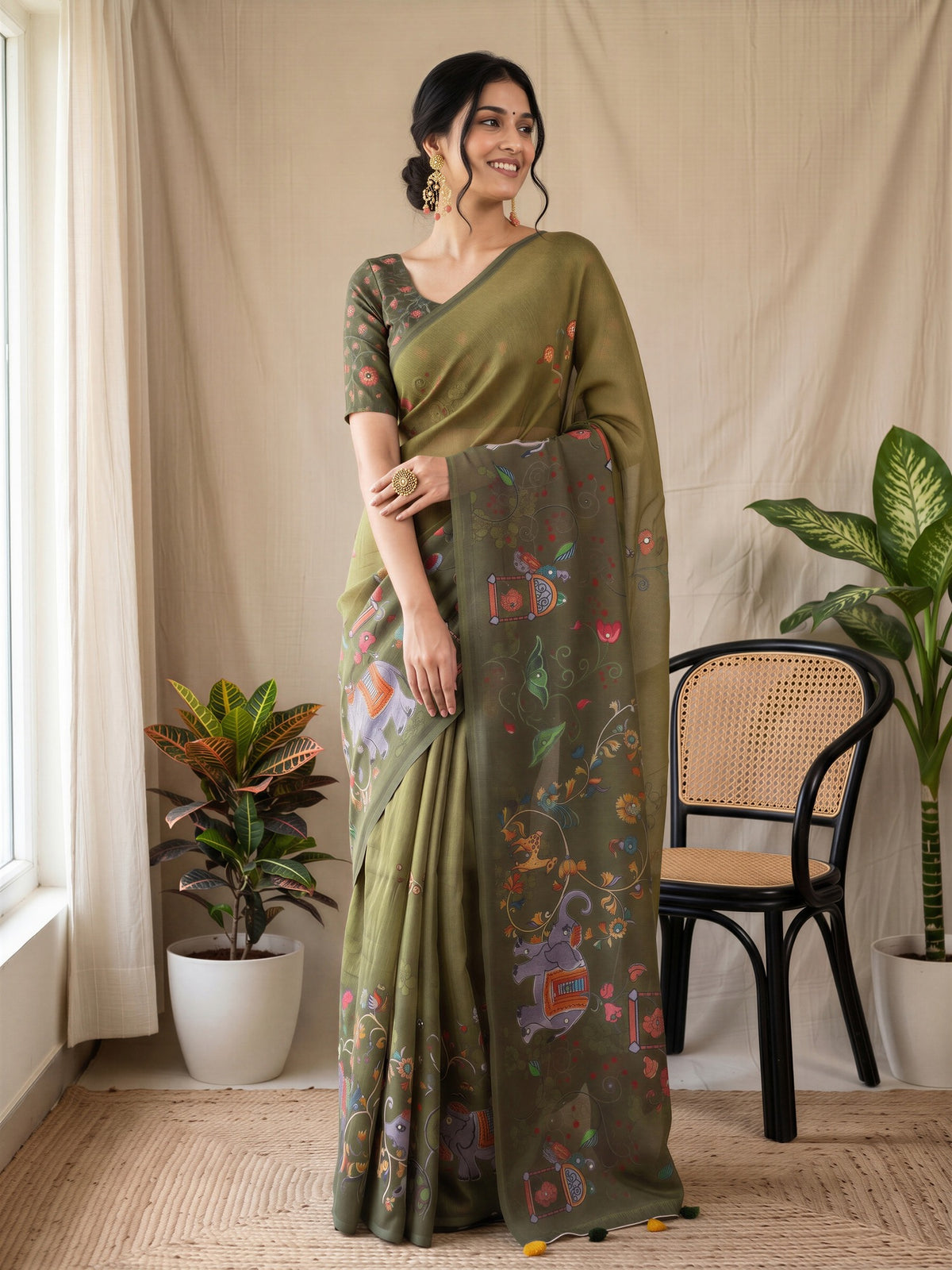 Olive Linen Blend saree – detail view 3