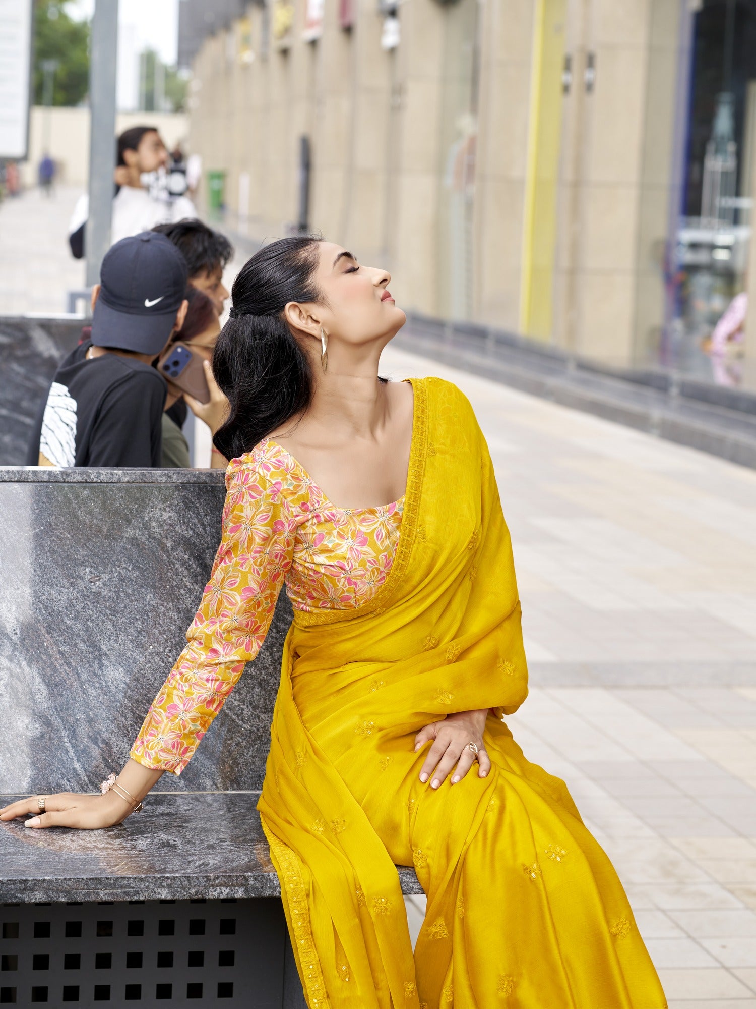 Yellow Satin Silk saree – detail view 1