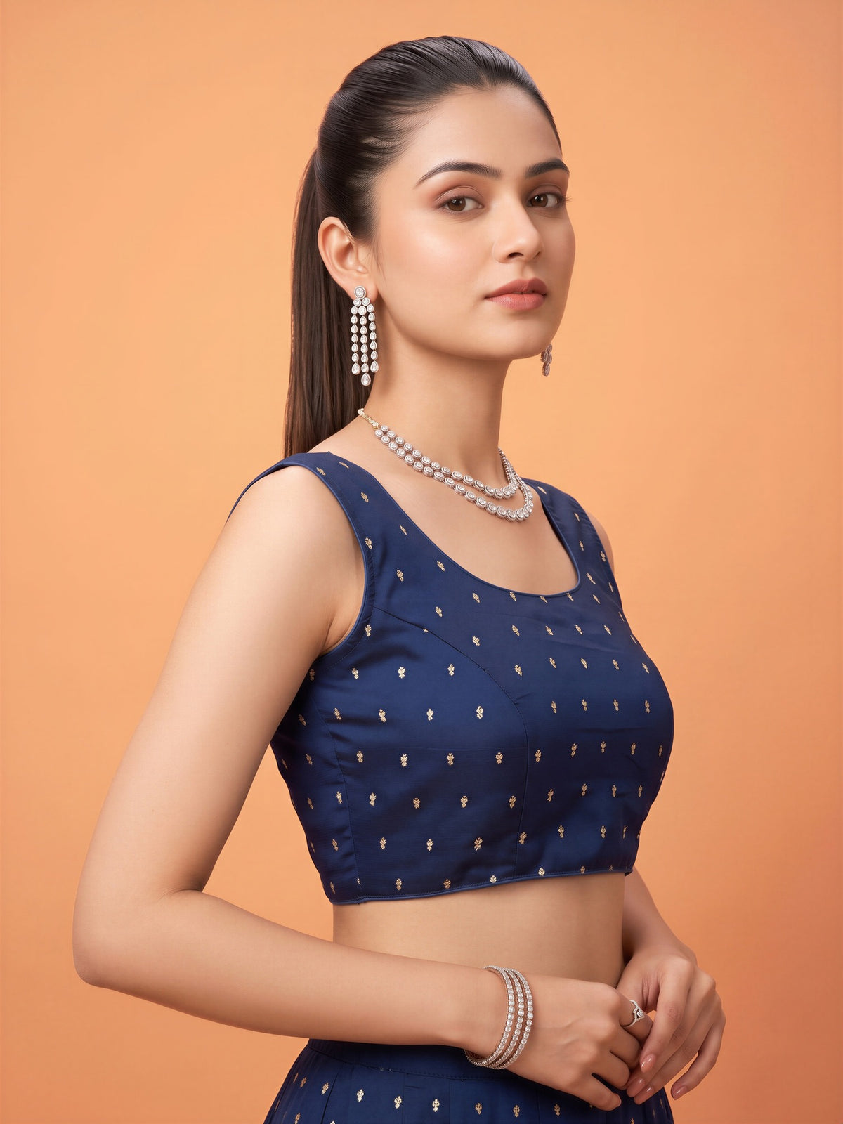 Teal Blue sequin embellished silk blend sleeveless readymade saree blouse with round neck view 2