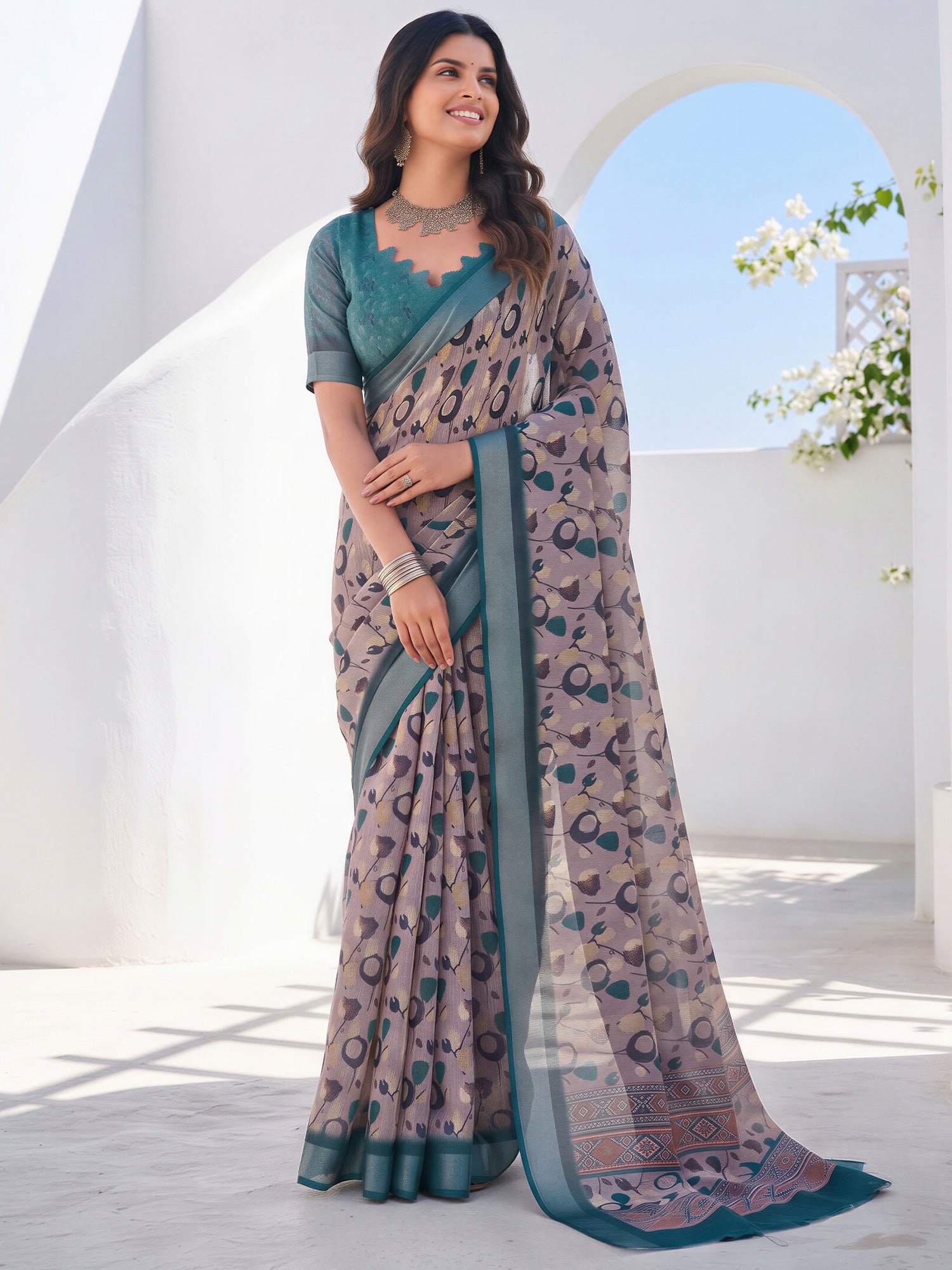 Taupe Cotton Linen saree – detail view 2