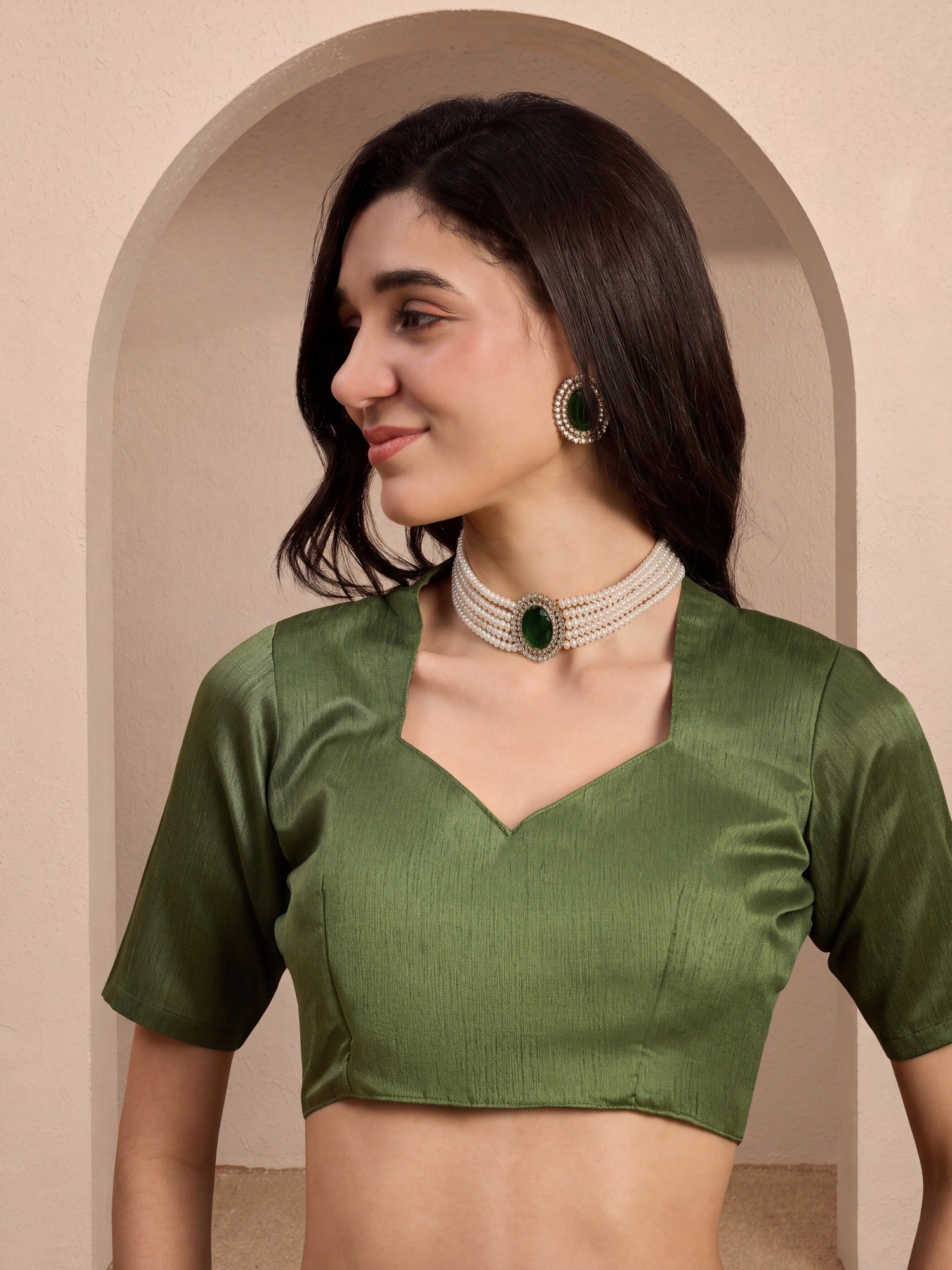 Unstitched green silk blend blouse piece with solid design