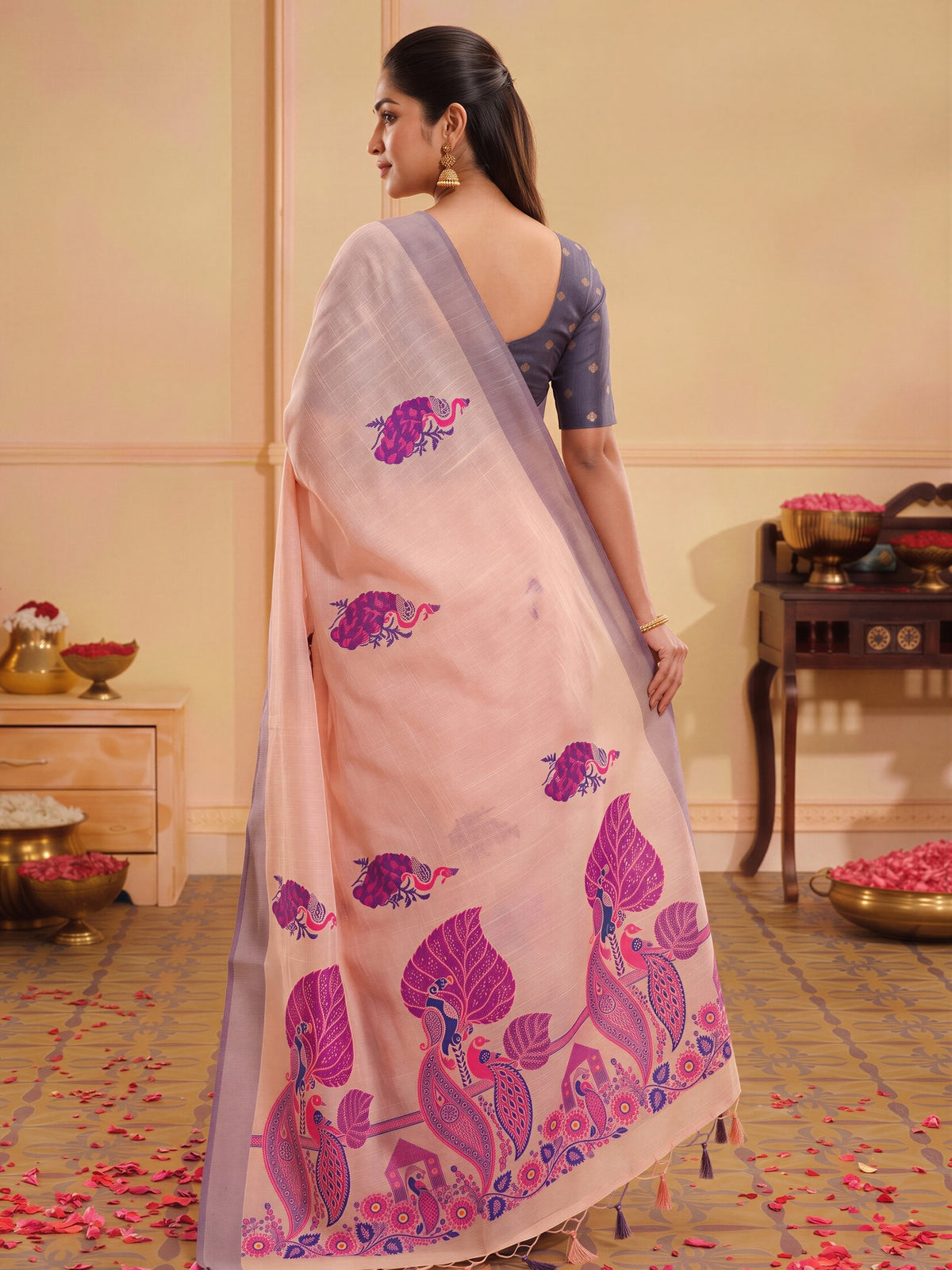 Rose silk blend saree view 1