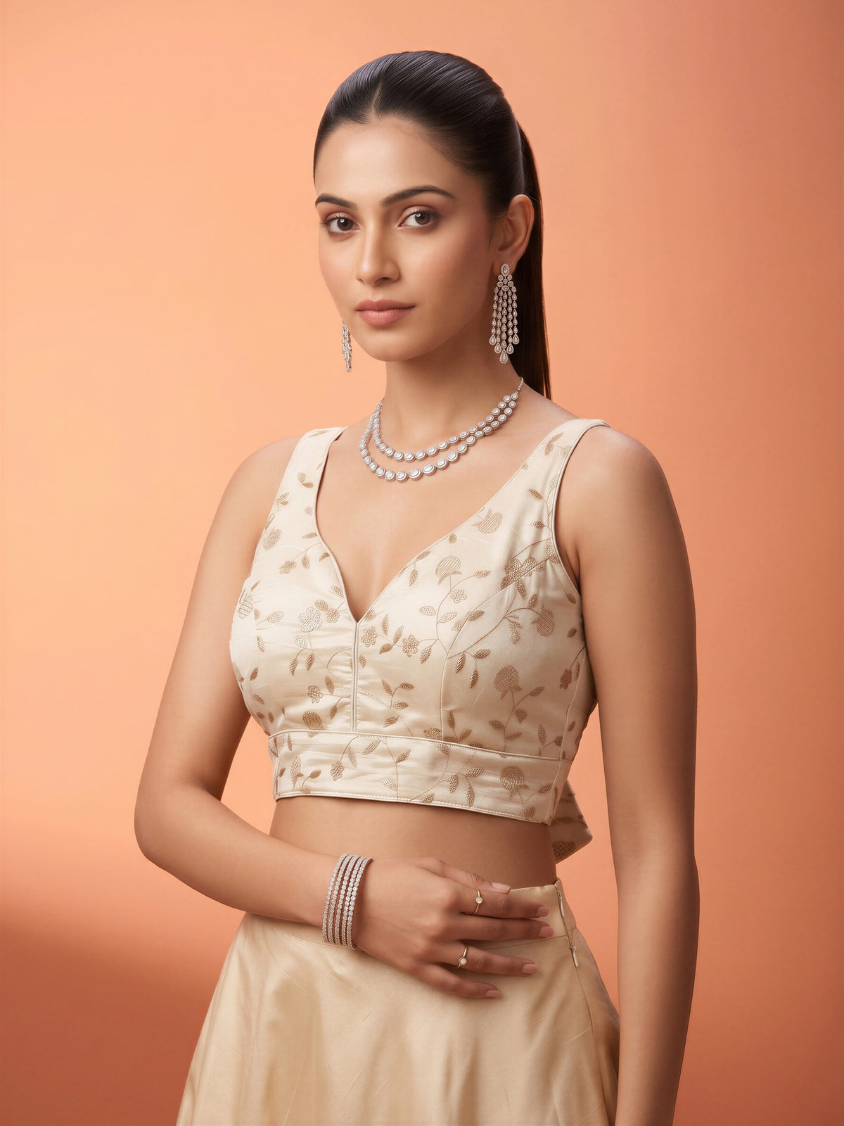 White sequin embellished silk blend sleeveless readymade saree blouse with v neck view 2