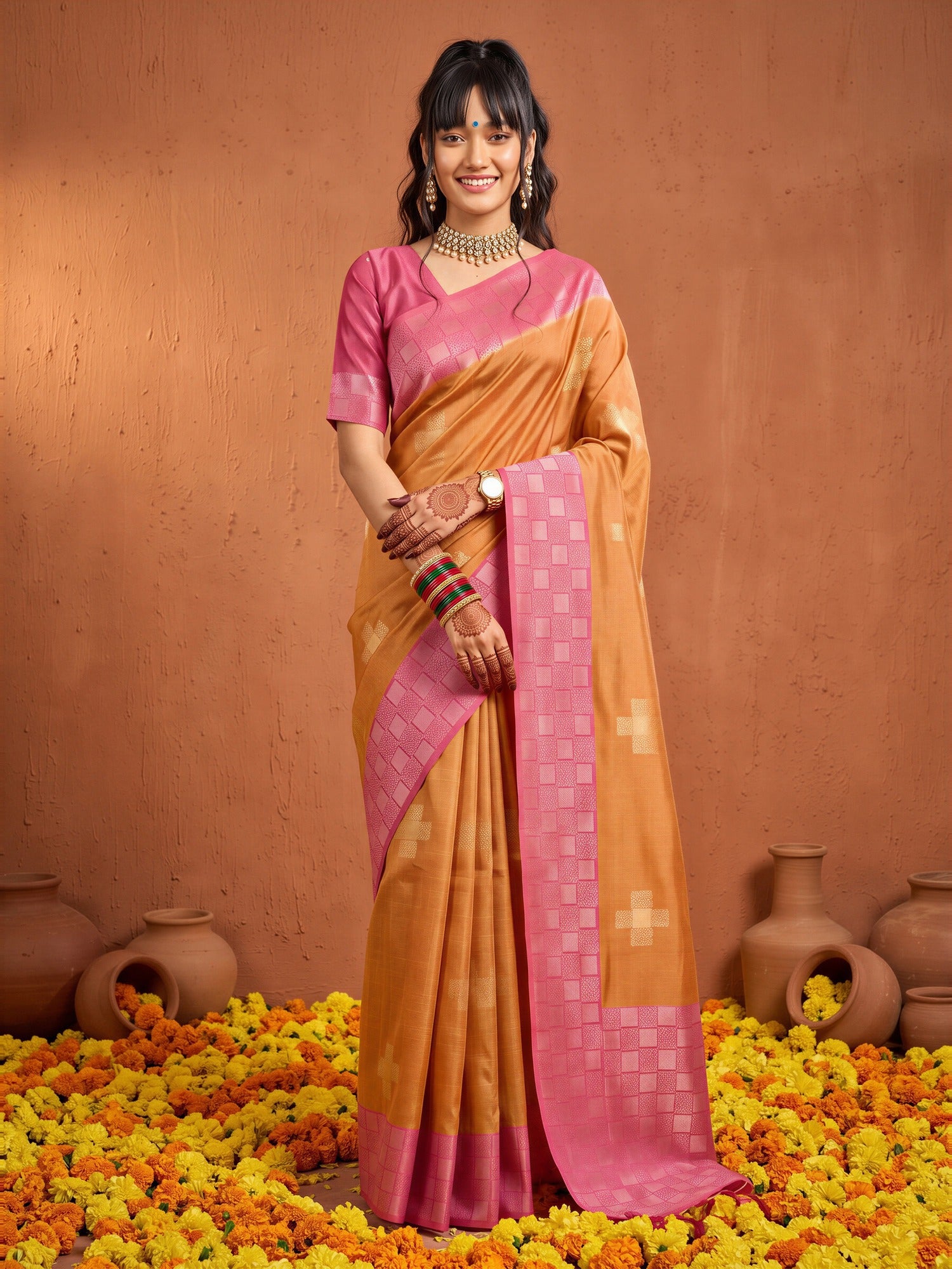 Woman wearing orange cotton blend saree with traditional indian motif work and pink blouse