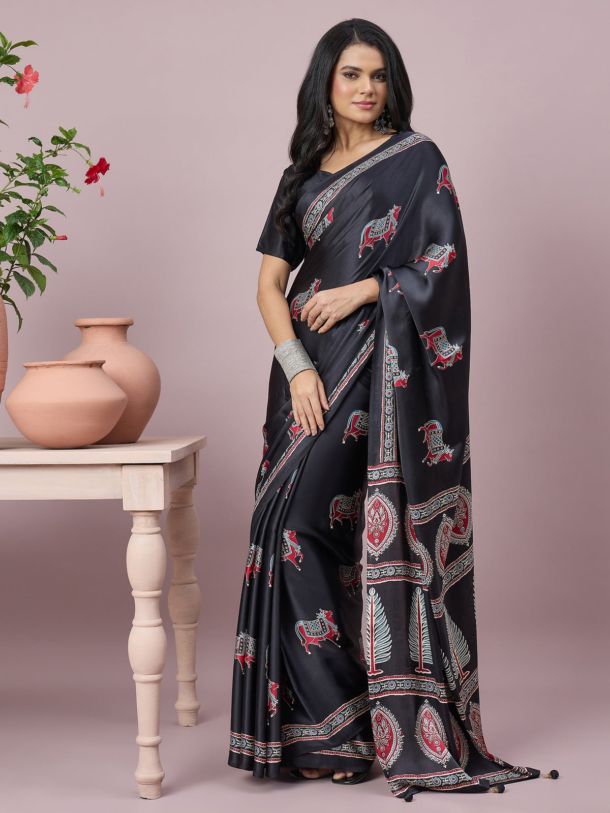 Black pichwai satin saree with black blouse piece