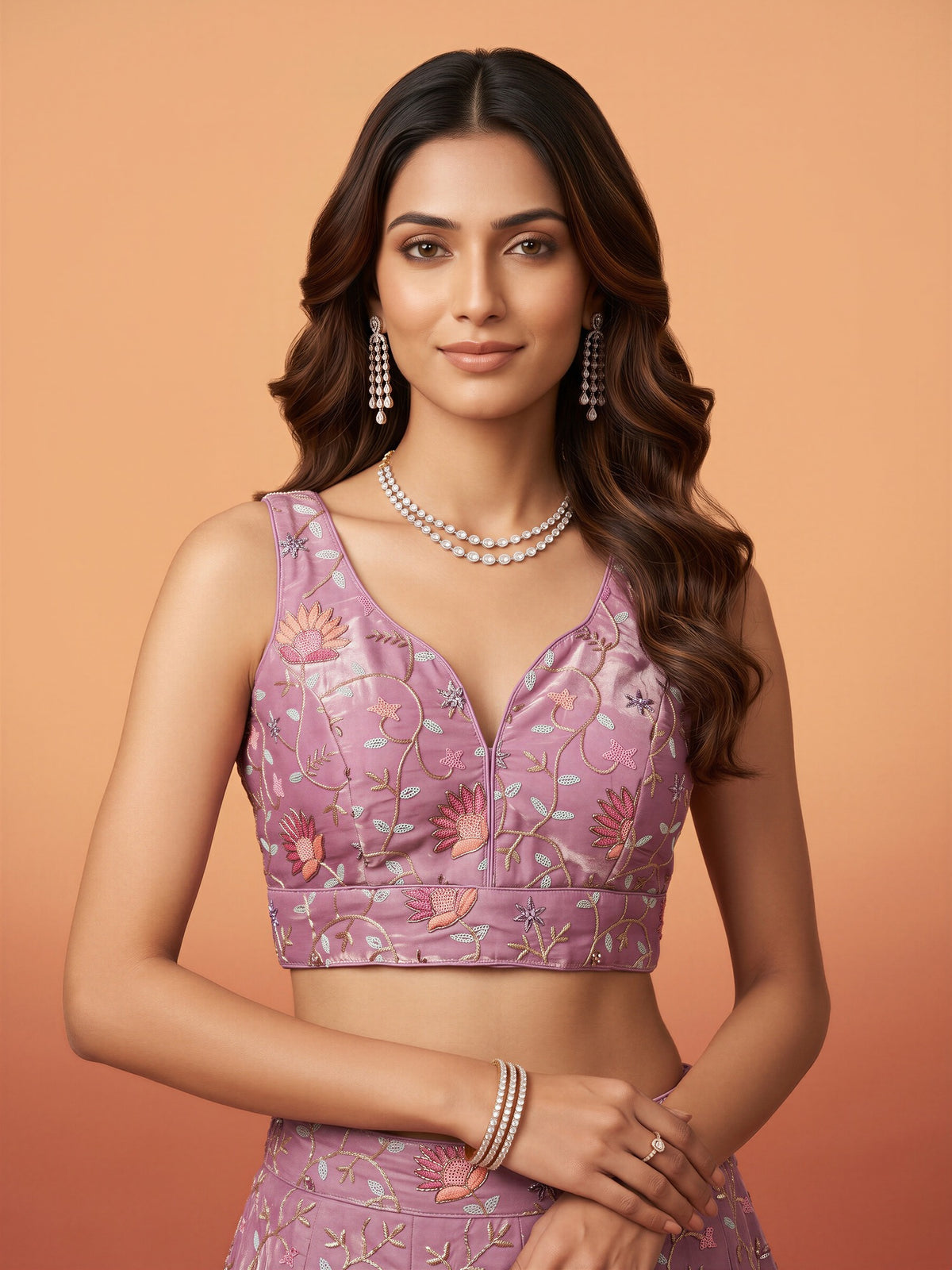 Lavender sequin embellished satin sleeveless readymade saree blouse with deep v neck