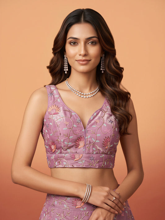 Lavender sequin embellished satin sleeveless readymade saree blouse with deep v neck