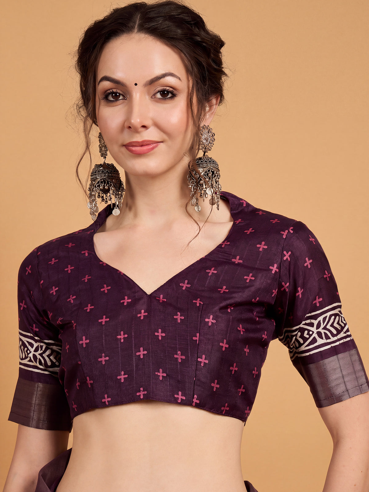 Unstitched purple silk blend blouse piece with ethnic motif design