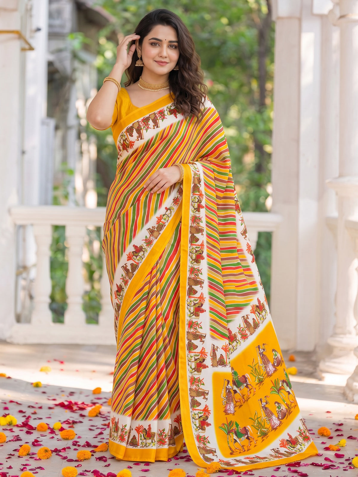 Yellow crepe saree view 2