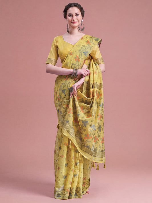 Woman wearing yellow linen saree with all-over floral design and yellow blouse