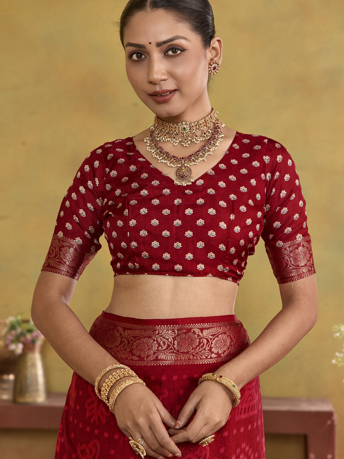 Maroon tussar silk saree view 4