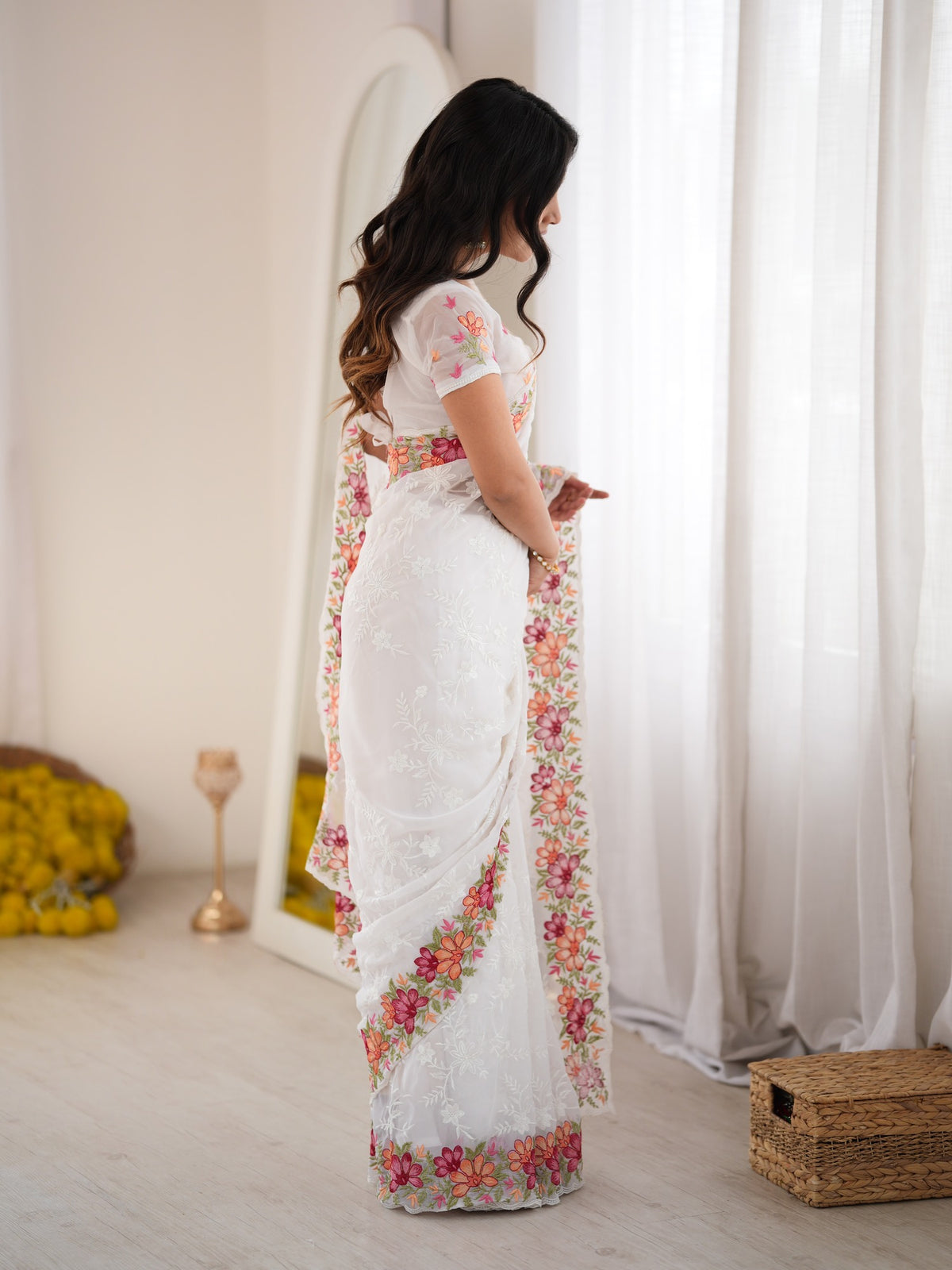 White Georgette saree – detail view 2