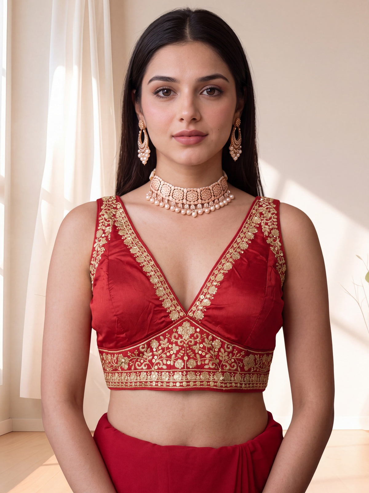 Red sequin embellished silk blend sleeveless readymade saree blouse with deep v neck view 4