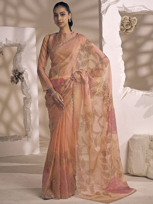 Peach embellished organza saree with peach blouse piece
