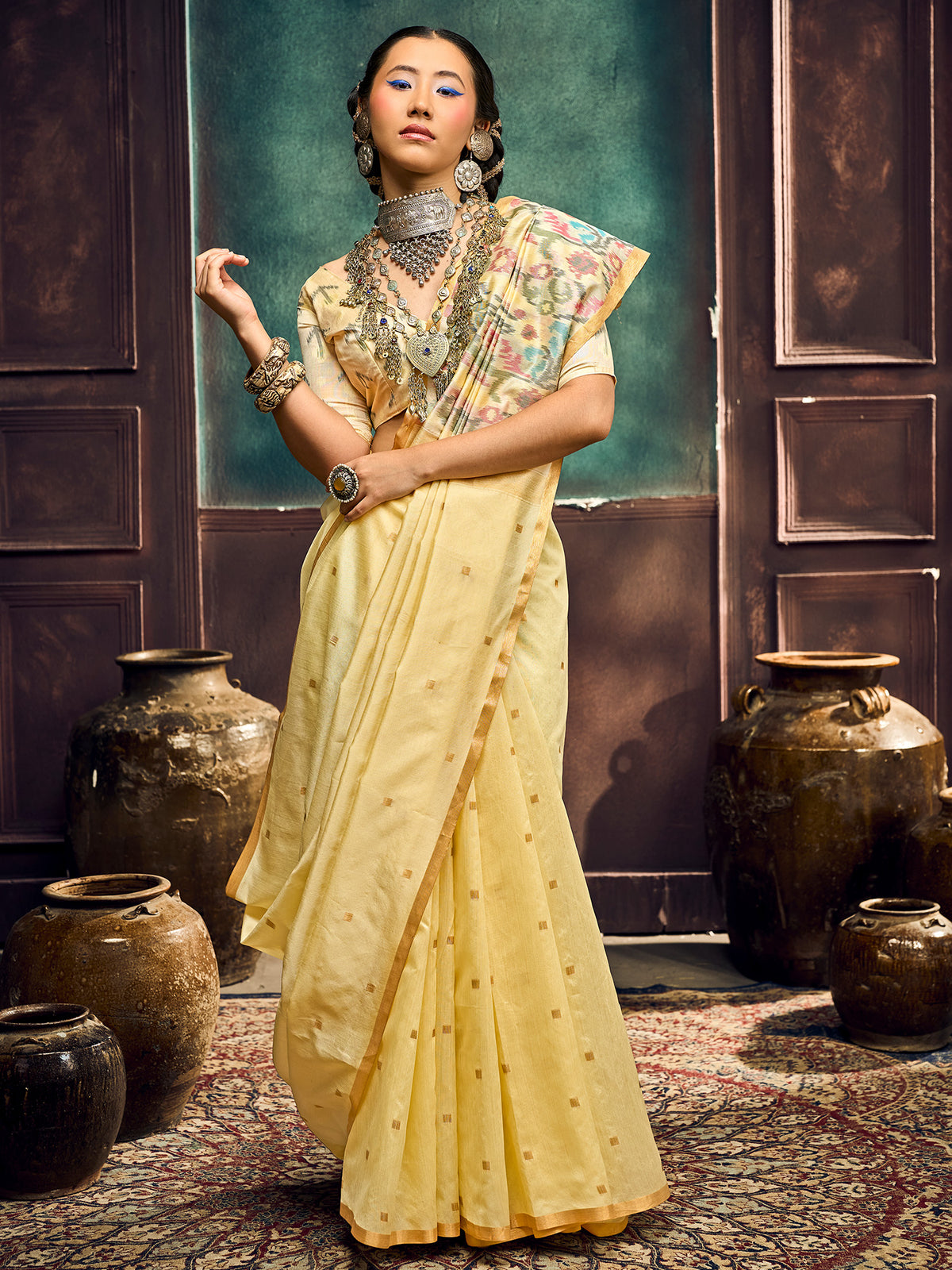 Yellow Cotton Silk saree – detail view 2