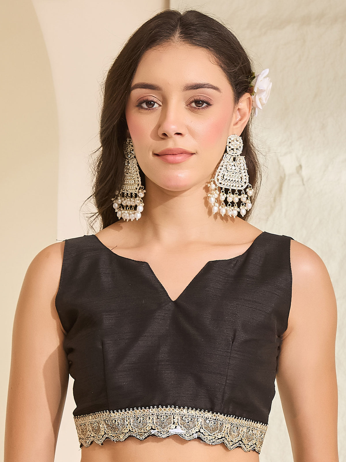 Unstitched black viscose silk blouse piece with embellished design