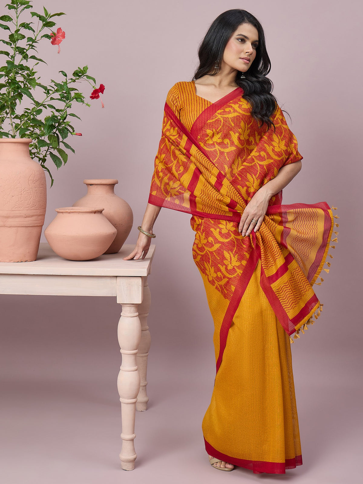 Mustard cotton slub saree view 4