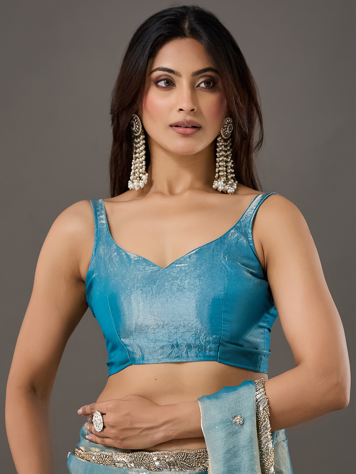 Unstitched light blue satin blouse piece with solid design