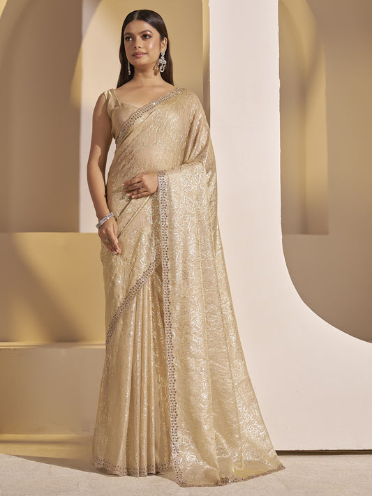 Beige foil satin silk saree with beige blouse piece