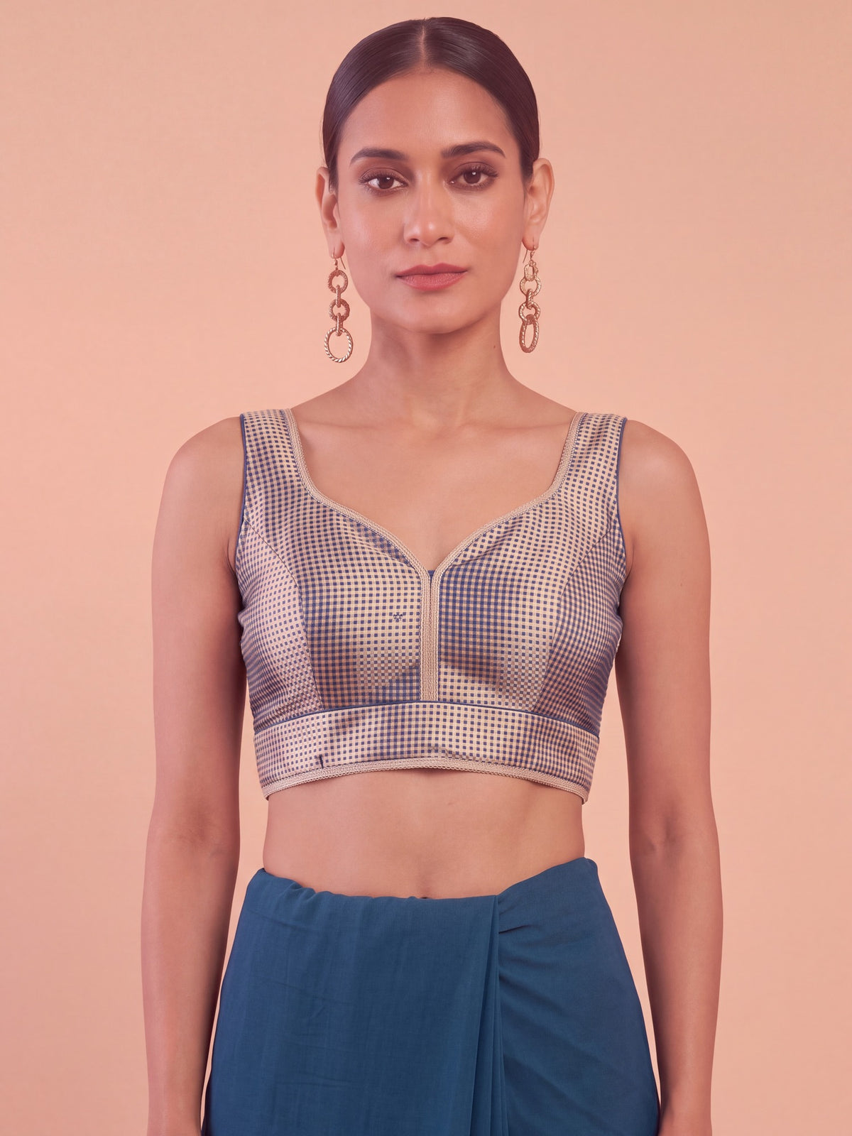 Light Blue woven metallic jacquard sleeveless readymade saree blouse with sweetheart neck view 2