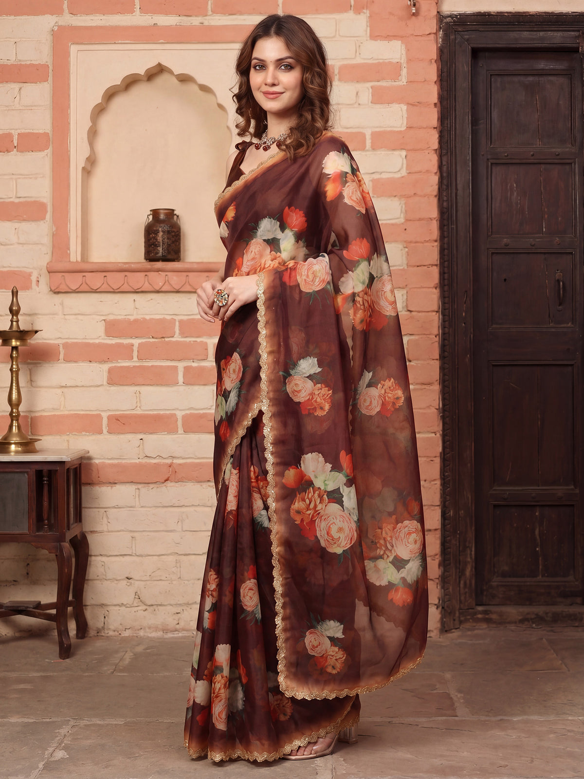 Brown Organza saree – detail view 3
