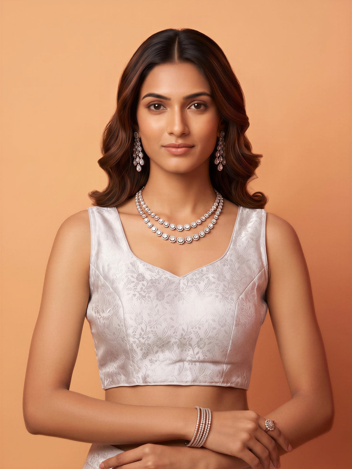 White woven brocade silk blend sleeveless readymade saree blouse with sweetheart neck view 3