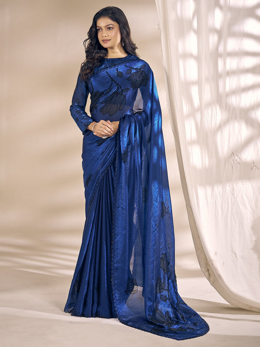Blue embellished satin silk saree with blue blouse piece