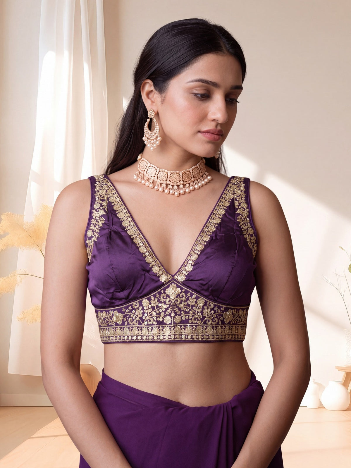 Purple sequin embellished silk blend sleeveless readymade saree blouse with deep v neck view 4