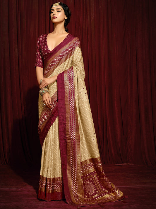Cream foil tussar silk saree with maroon blouse piece