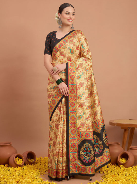 Woman wearing black silk blend saree with metallic foil print work and black blouse