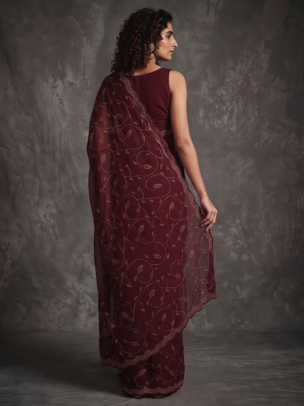 Wine satin saree view 1