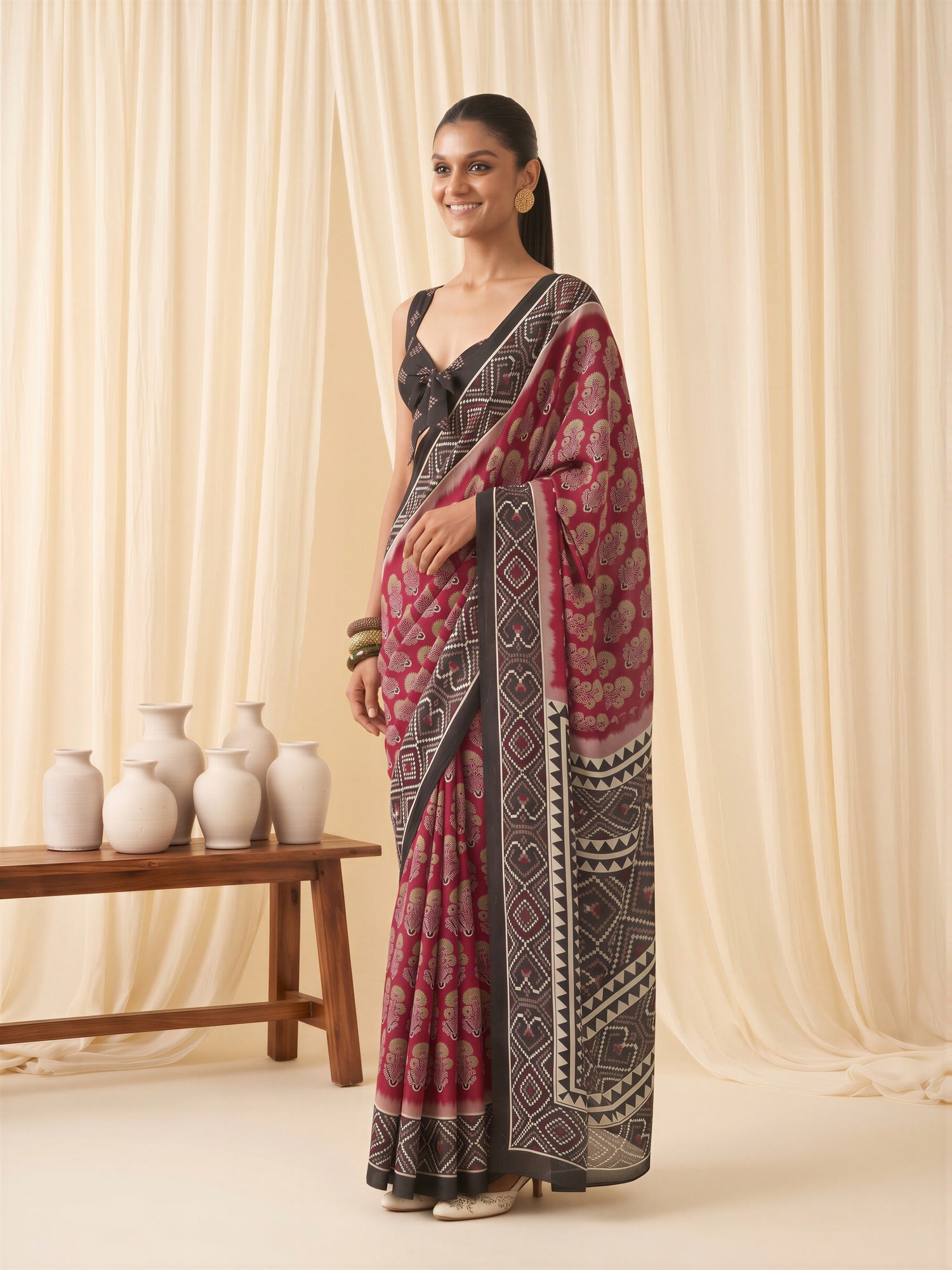 Maroon Satin saree – detail view 2
