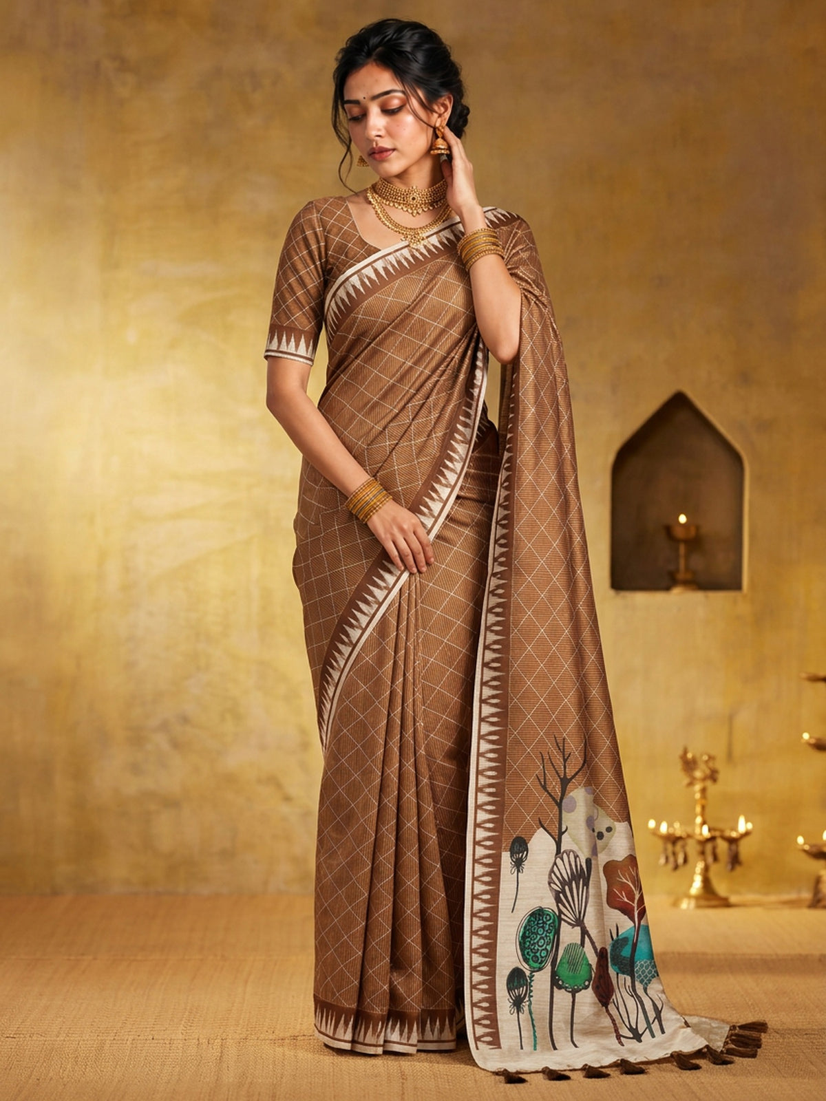 Light Brown geometric soft silk saree with light brown blouse piece