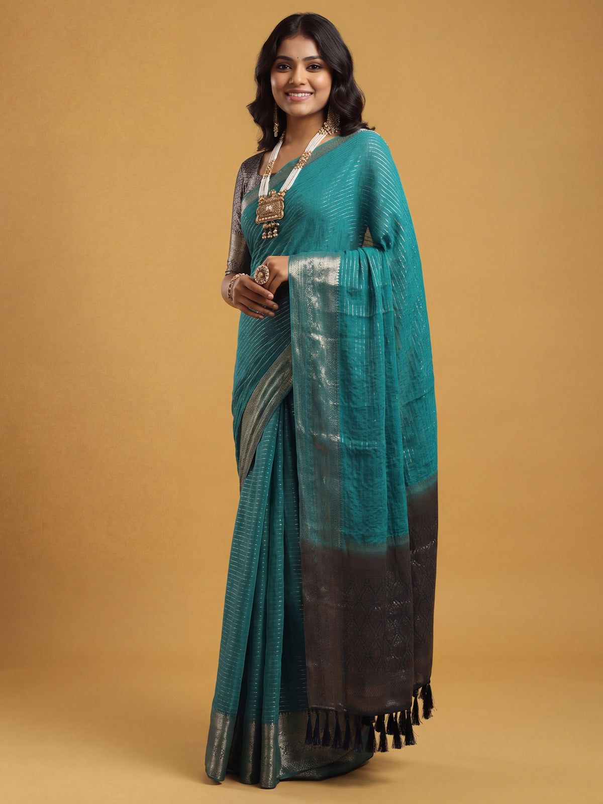 Teal Blue Chiffon saree – detail view 2