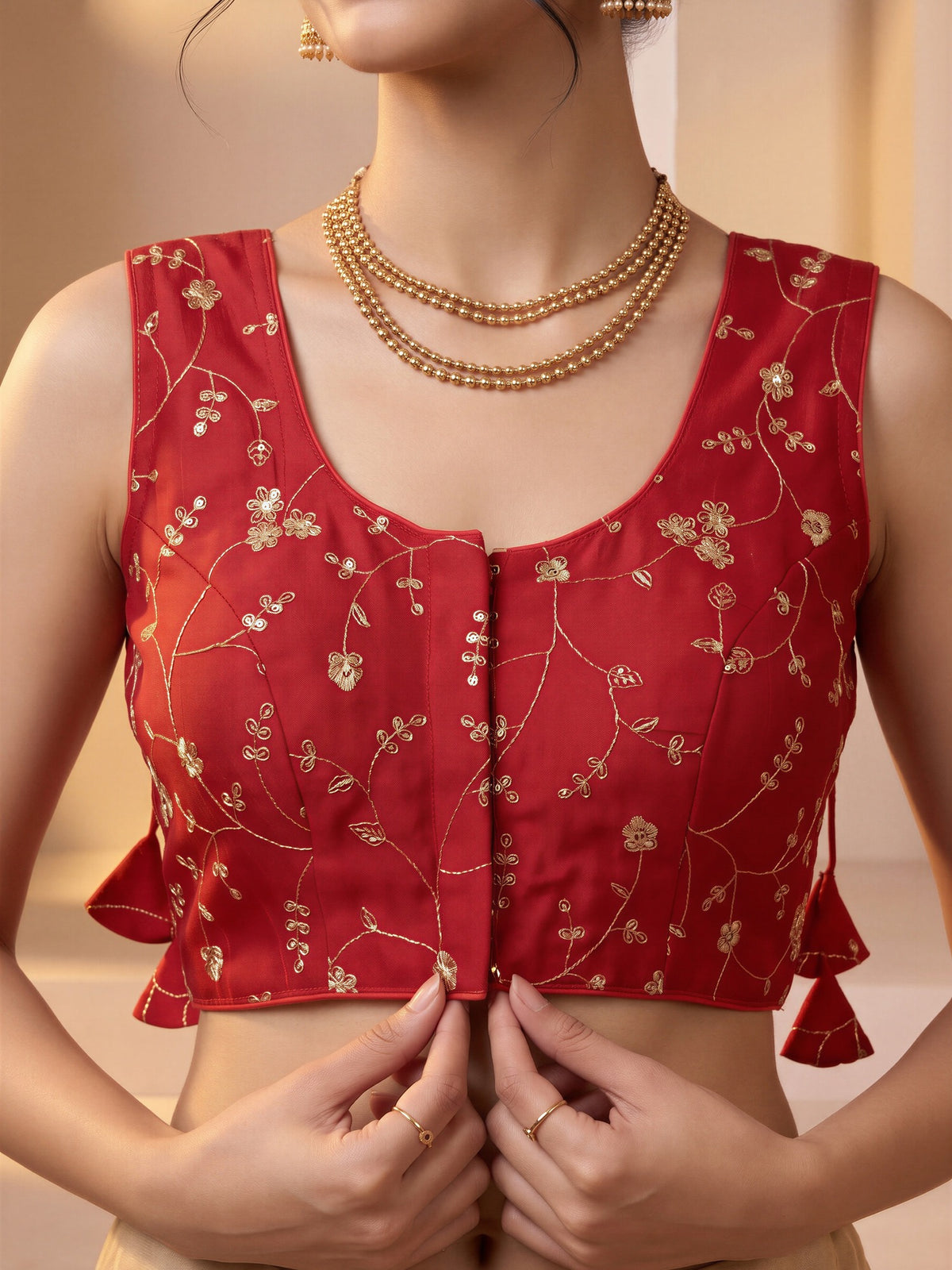 Red sequin embroidered vichitra silk sleeveless readymade saree blouse with round neck view 4