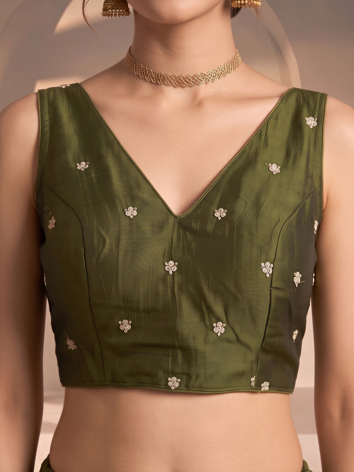 Olive sequin embellished vichitra silk sleeveless readymade saree blouse with v neck view 4