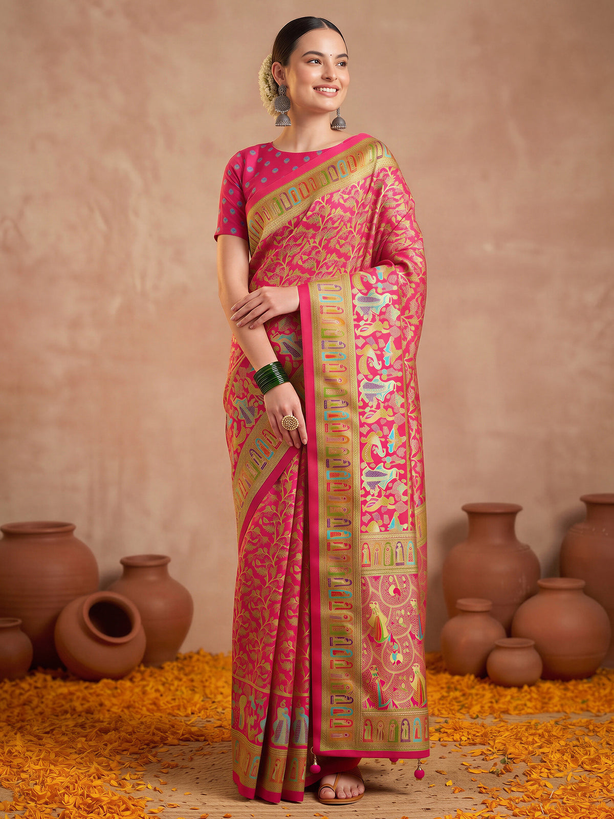 Woman wearing pink silk blend saree with metallic foil print work and pink blouse