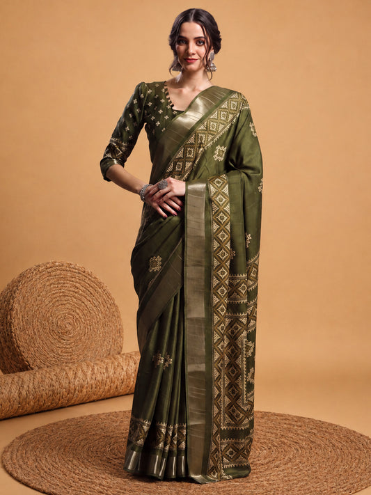 Woman wearing olive silk blend saree with geometric pattern design and olive blouse