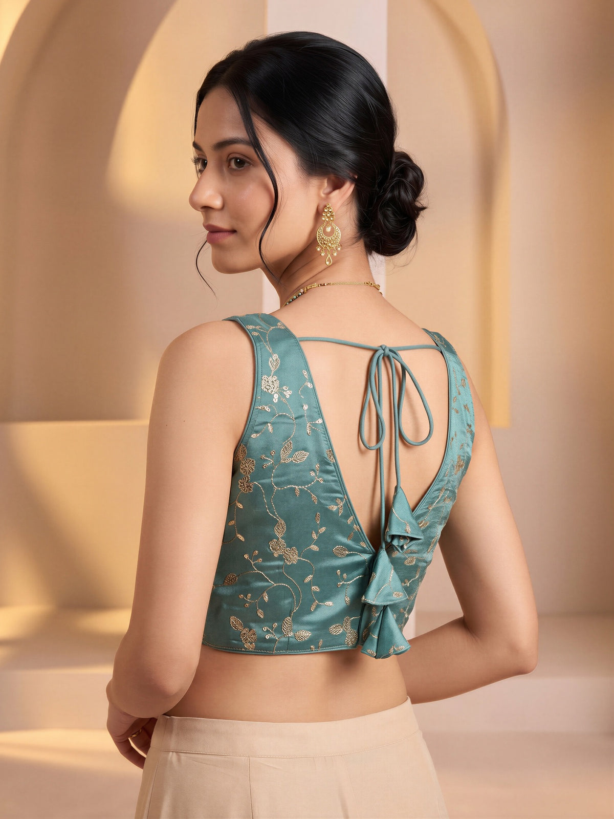Turquoise Blue sequin embroidered vichitra silk sleeveless readymade saree blouse with v neck view 1