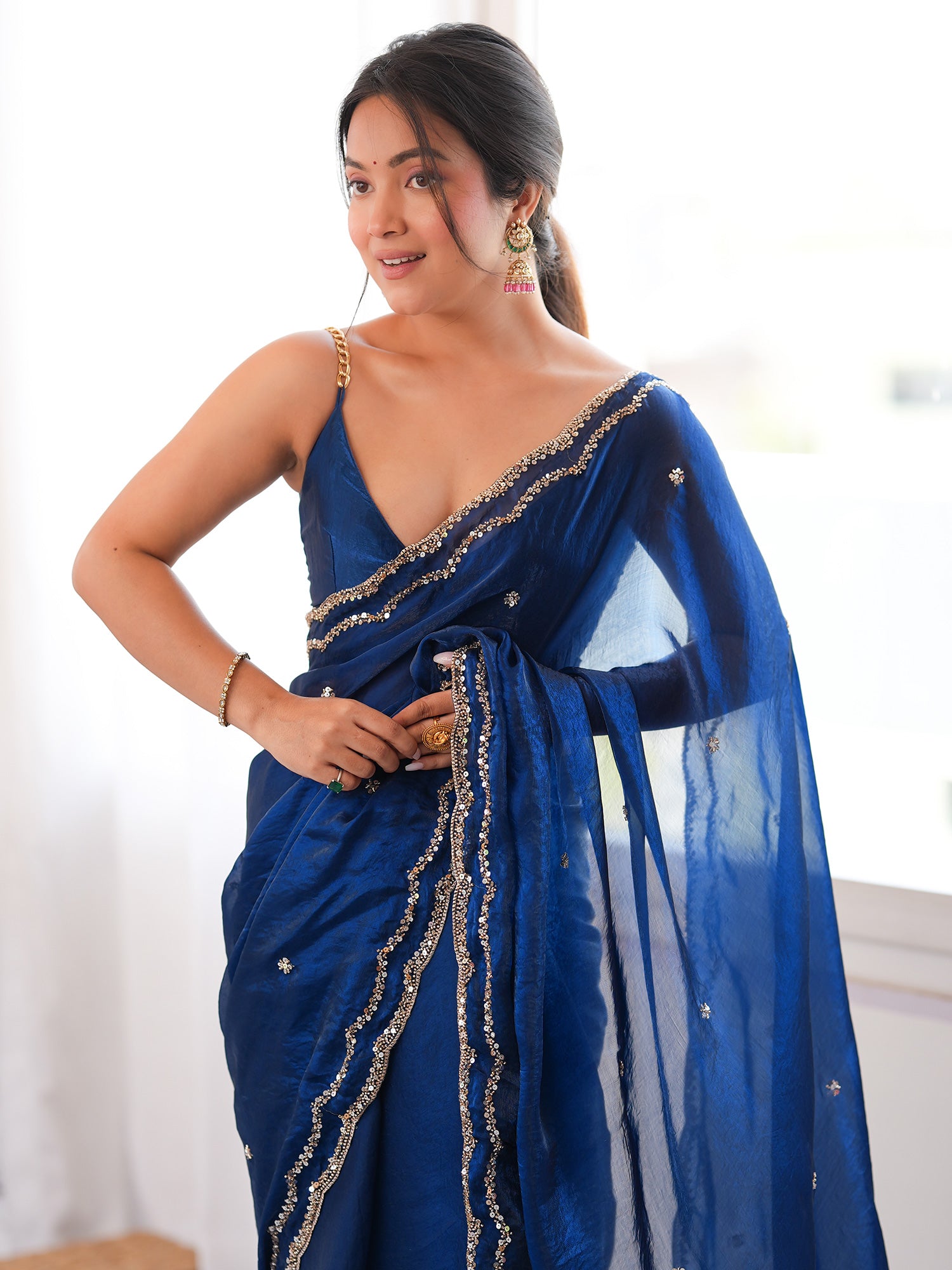 Teal Blue Satin Silk saree – detail view 4