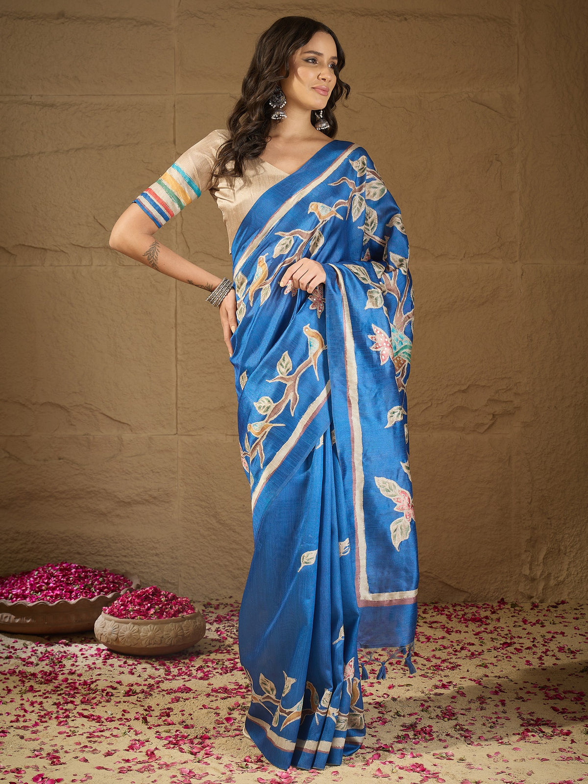 Blue art silk saree view 3