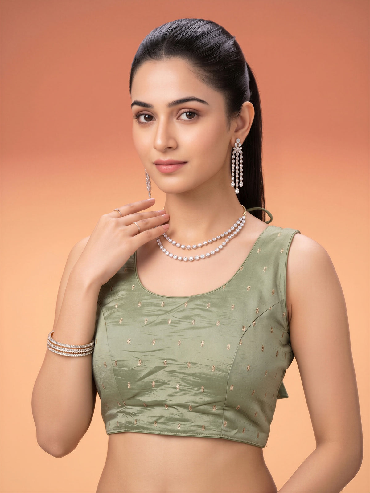 Sea Green sequin embellished silk blend sleeveless readymade saree blouse with round neck view 3