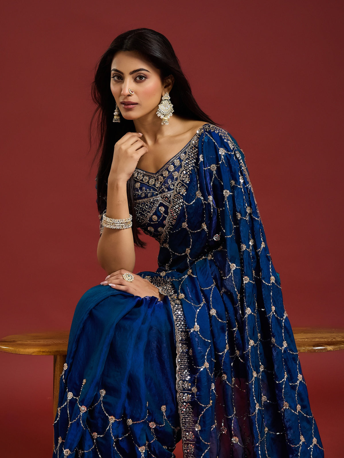 Blue Satin saree – detail view 3